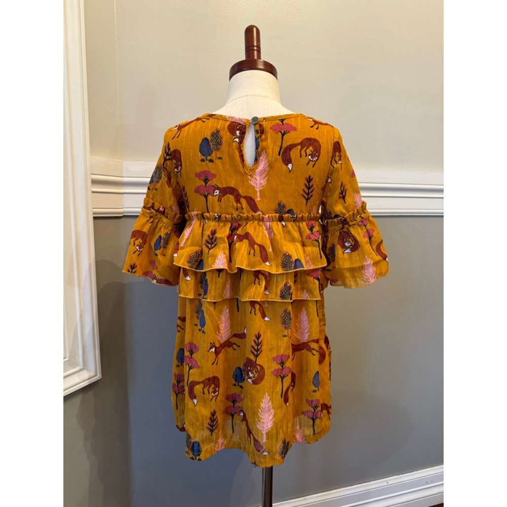 Genuine Kids from Oshkosh | Mustard Yellow Pink Fox Print Ruffle Dress | 4T - Picture 3 of 7